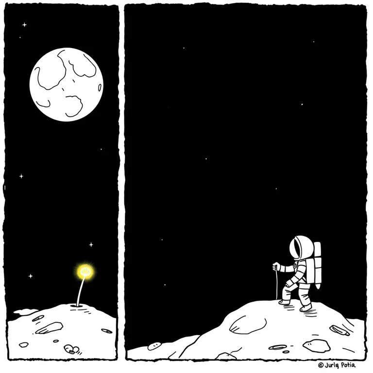 Astronaut sprout: three-panel comic strip where a lost astronaut discovers a glowing sprout on a silent moon, bold ink lines, readable sequence
