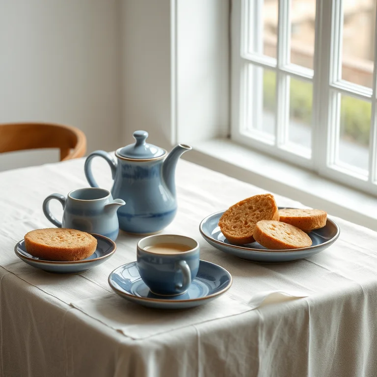 Ceramic breakfast: handmade blue ceramic breakfast set on a linen table, overhead editorial still life, natural window light