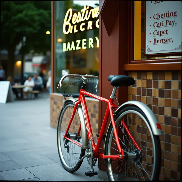 City bicycle: a red city bicycle leaning against a tiled bakery at first light, candid editorial photograph, subtle film grain