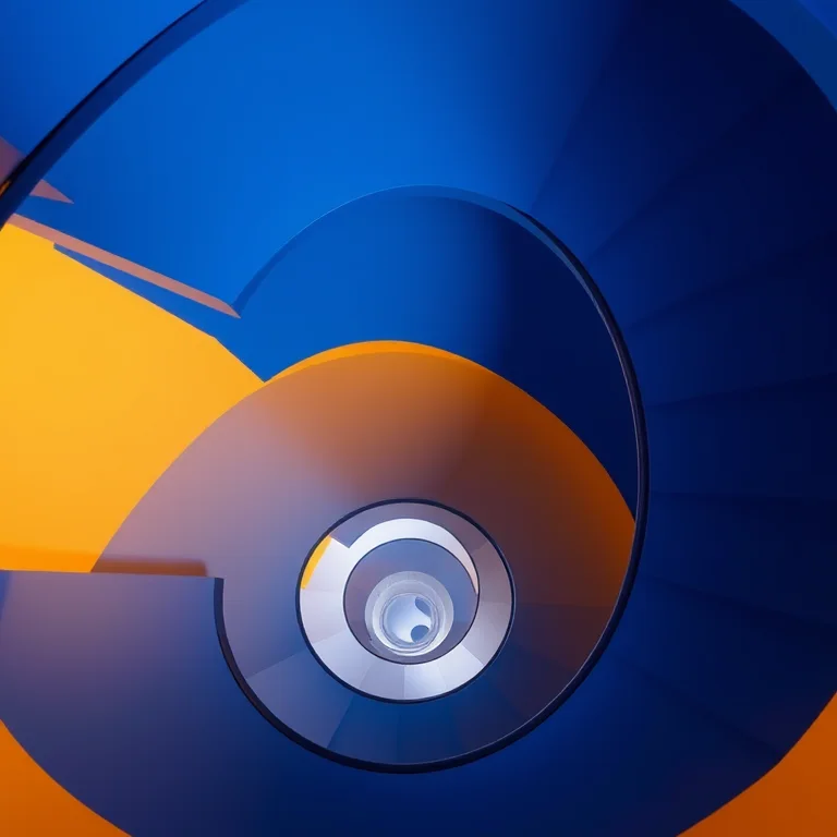 Cobalt staircase: vertical iPhone wallpaper of a cobalt spiral staircase seen from above, graphic geometry, uncluttered top third for icons