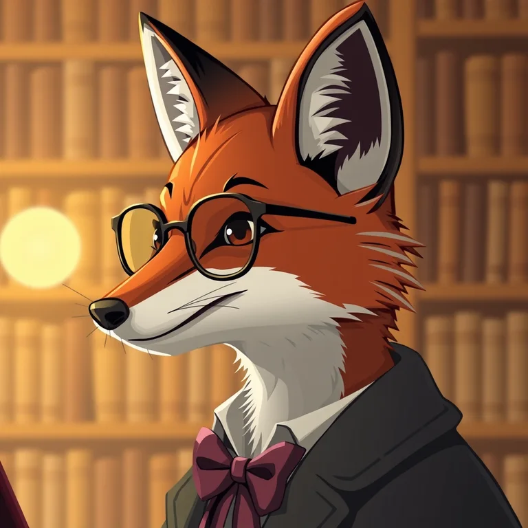 Fox archivist: profile picture of an original fox archivist character wearing tiny spectacles, warm library background, circle-safe composition