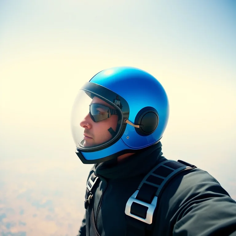 Helmet portrait: profile picture of a fictional skydiver in a cobalt flight helmet, clean horizon, face centered for a circular crop