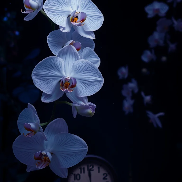 Night orchids: vertical iPhone wallpaper of pale orchids floating in a deep night garden, quiet negative space around the clock area