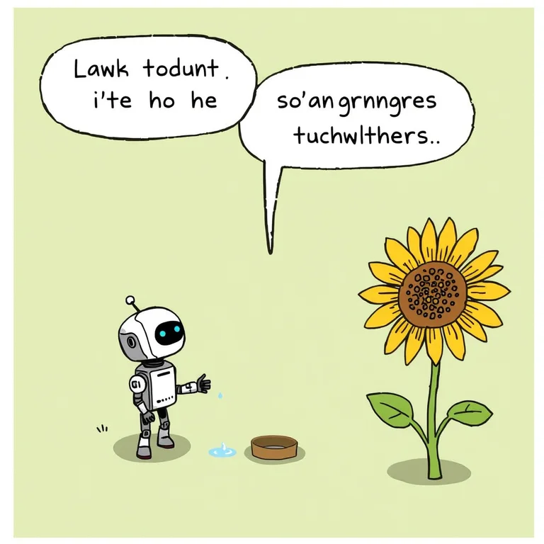 Robot gardener: three-panel comic strip about a small robot learning to water one stubborn sunflower, clear panel gutters, expressive visual storytelling
